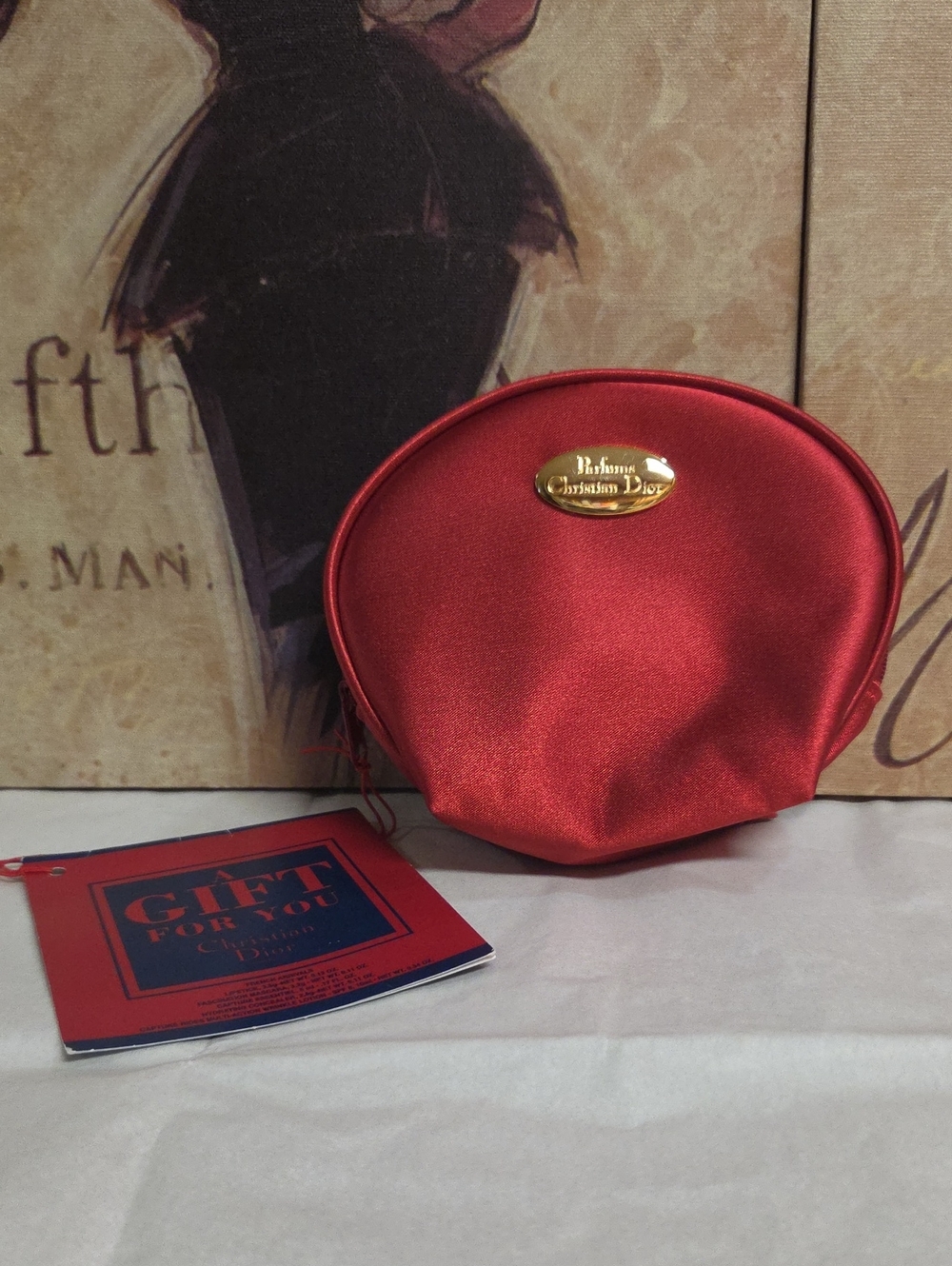 Dior Red Satin Zip Card & Key Pouch with Gold Plaque POUCH ONLY